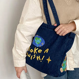 Vintage Embroidered Letters Tote Shoulder Bag