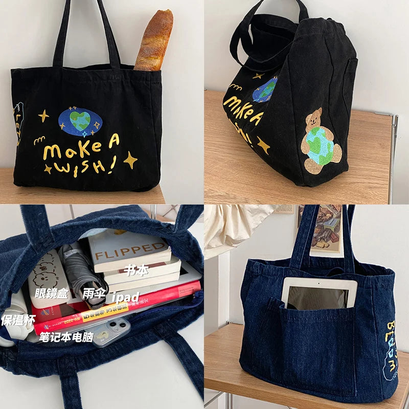 Vintage Embroidered Letters Tote Shoulder Bag