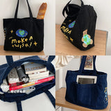 Vintage Embroidered Letters Tote Shoulder Bag