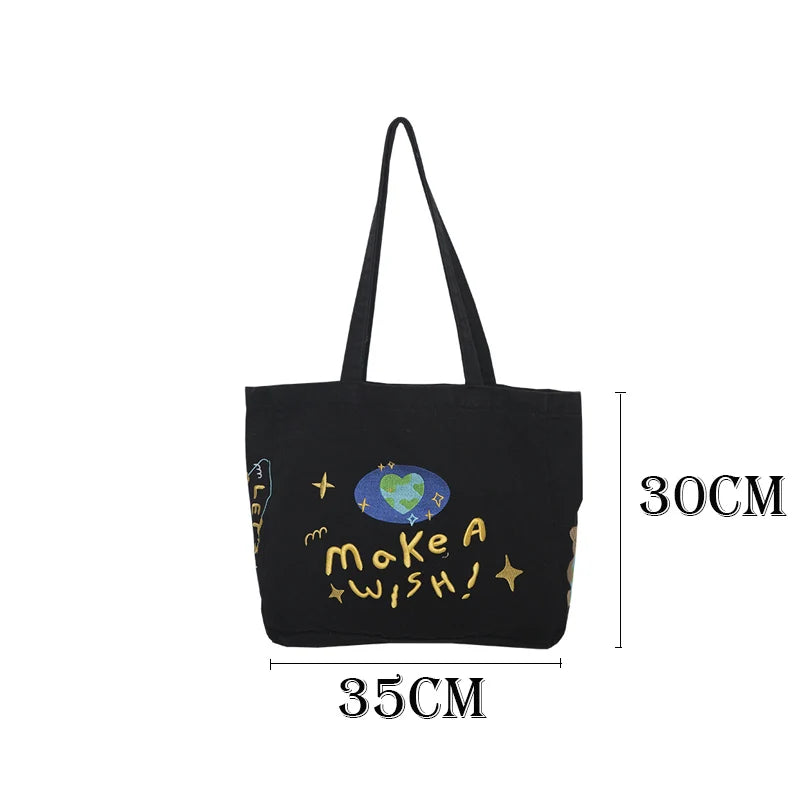 Vintage Embroidered Letters Tote Shoulder Bag