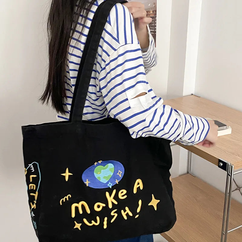 Vintage Embroidered Letters Tote Shoulder Bag