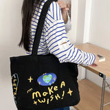 Vintage Embroidered Letters Tote Shoulder Bag