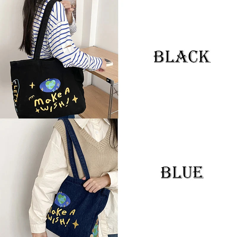 Vintage Embroidered Letters Tote Shoulder Bag