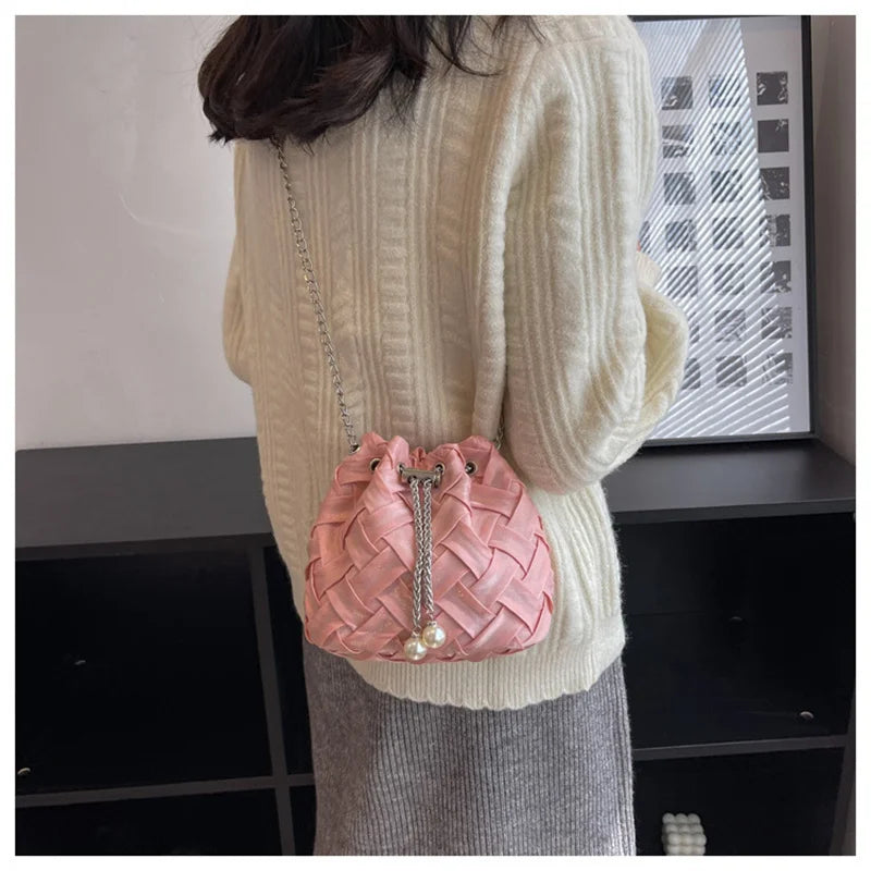 Women's PU Leather Shoulder Bag Bucket Shape Chains Crossbody Purse