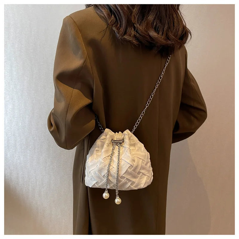 Women's PU Leather Shoulder Bag Bucket Shape Chains Crossbody Purse