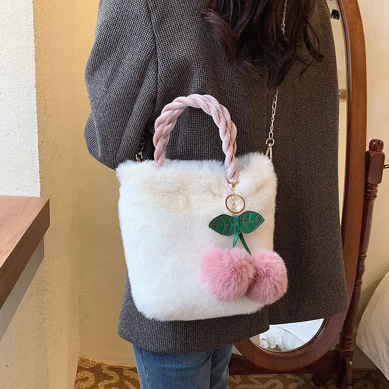 Plush Tote Bag Soft Furry Bags Handbag Cherry Fur Crossbody Shoulder Bags