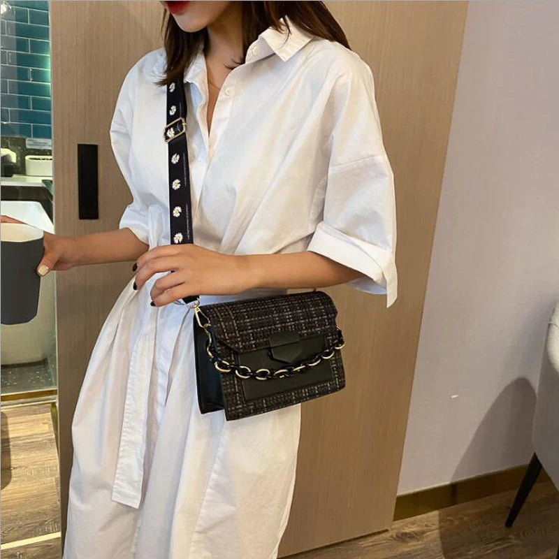 Women's Wide Strap Chain Crossbody Bag Flap Shoulder Purse Handbag