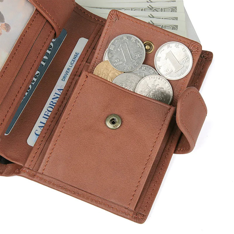 Men's Wine Purse Short Wallet 3 Folds Full Grain Leather