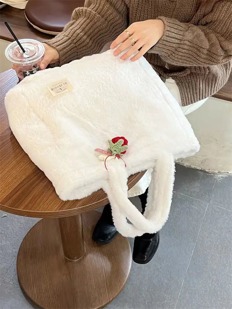 Winter Leopard Plush Shoulder Bag Large Capacity Casual Tote