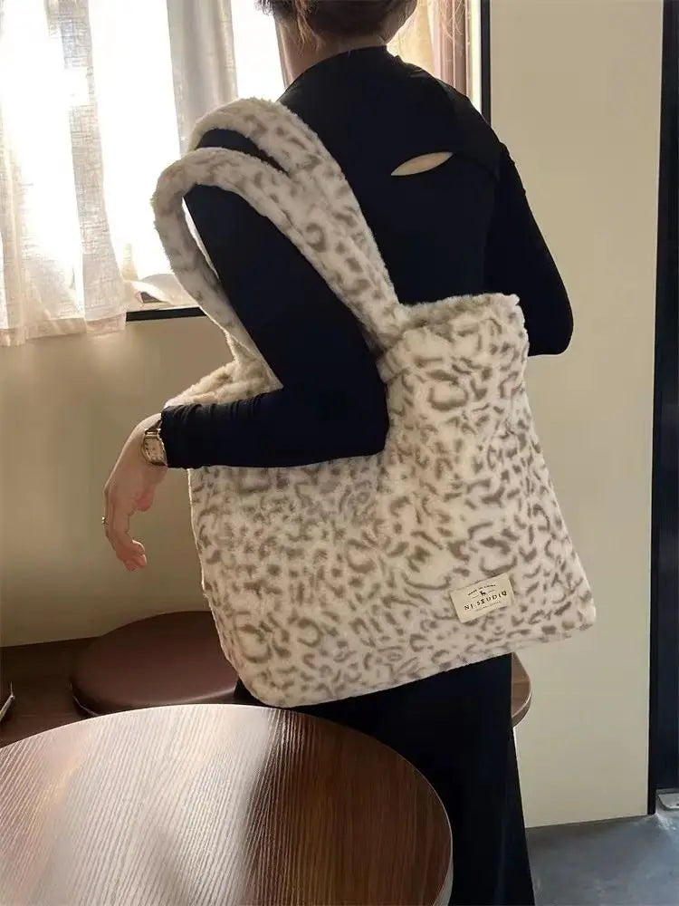 Winter Leopard Plush Shoulder Bag Large Capacity Casual Tote