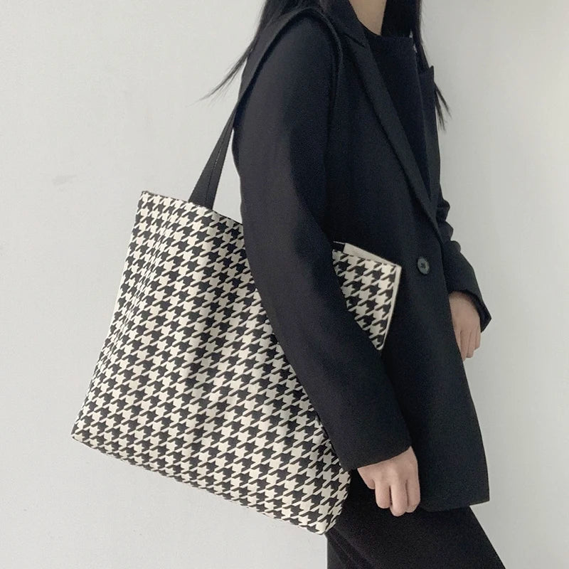 Winter Houndstooth Shoulder Bags Women Ladies Handbags Large Capacity Tote
