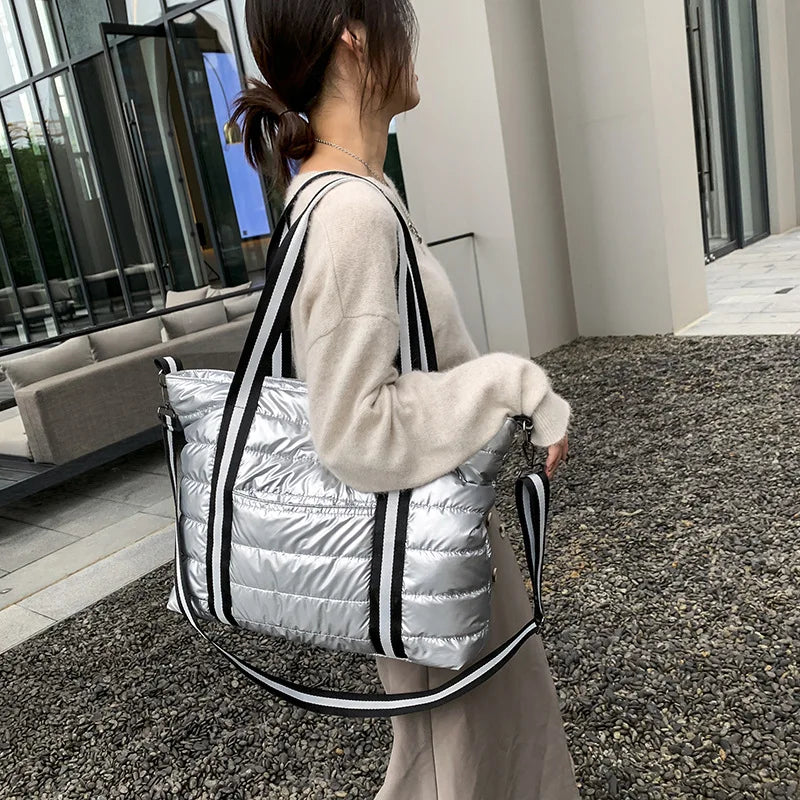 Women's Winter Nylon Shoulder Bag Large Capacity Quilted Lattice