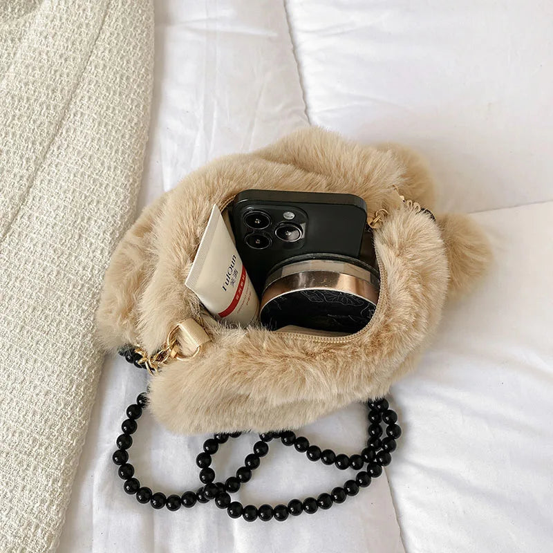 Winter Plush Crossbody Bag Beads Shoulder Bags Love Heart Shape Plush Purses Sof