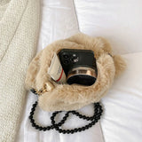 Winter Plush Crossbody Bag Beads Shoulder Bags Love Heart Shape Plush Purses Sof