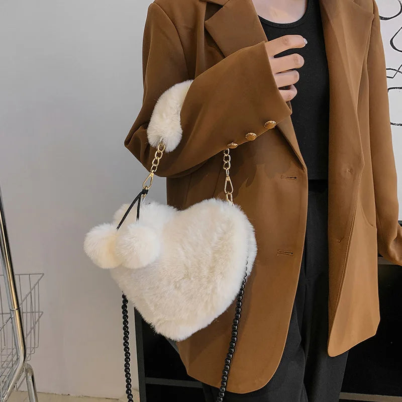 Winter Plush Crossbody Bag Beads Shoulder Bags Love Heart Shape Plush Purses Sof