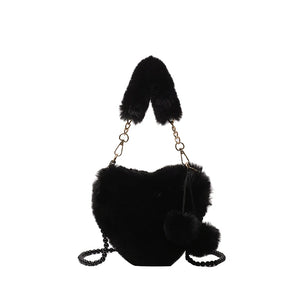 Winter Plush Crossbody Bag Beads Shoulder Bags Love Heart Shape Plush Purses Sof
