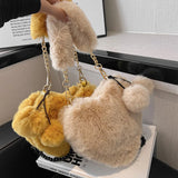 Winter Plush Crossbody Bag Beads Shoulder Bags Love Heart Shape Plush Purses Sof