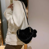 Winter Plush Crossbody Bag Beads Shoulder Bags Love Heart Shape Plush Purses Sof