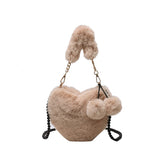 Winter Plush Crossbody Bag Beads Shoulder Bags Love Heart Shape Plush Purses Sof
