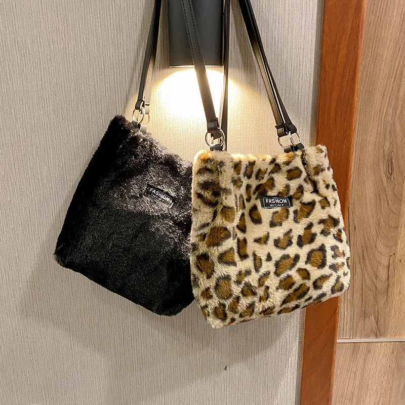 Winter Leopard Print Plush Mini Bag for Women