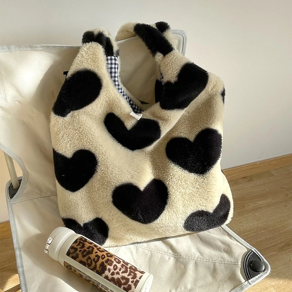 Winter Shoulder Handbags Soft Plush Top-handle Bags Love Heart Sweet