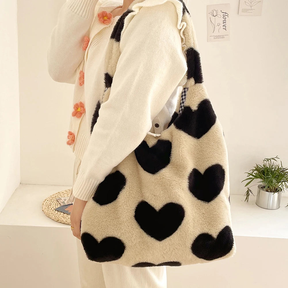 Winter Shoulder Handbags Soft Plush Top-handle Bags Love Heart Sweet