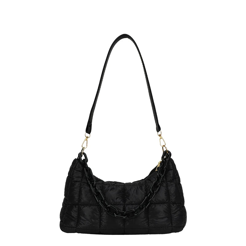 Winter Soft Cotton Women's Shoulder Bags Solid Nylon Plaid Handbags And Purses