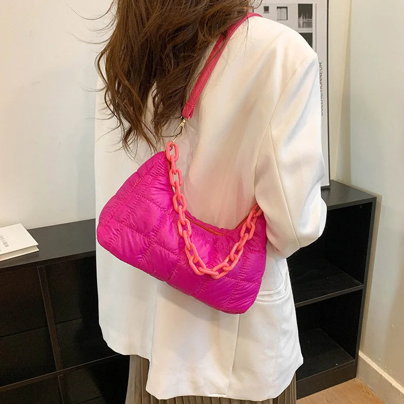 Winter Soft Cotton Women's Shoulder Bags Solid Nylon Plaid Handbags And Purses
