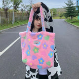 Winter Soft Plush Girls Floral Shoulder Bag Flower Women Faux Fur Casual Tote Ba