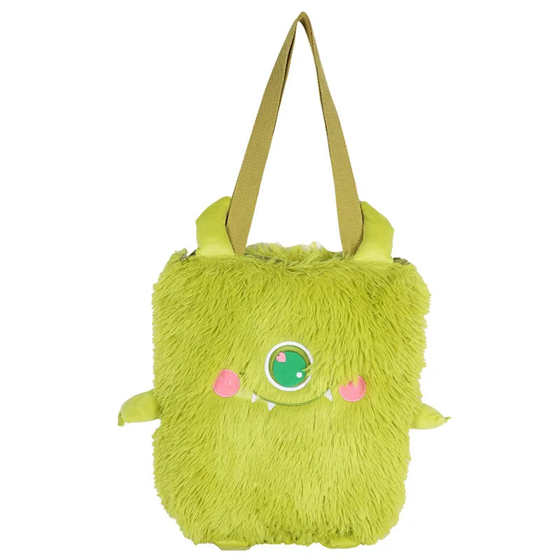 Soft Plush Shoulder Bag Little Monster Embroidery Handbag Faux Fur Women Bags