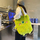 Soft Plush Shoulder Bag Little Monster Embroidery Handbag Faux Fur Women Bags