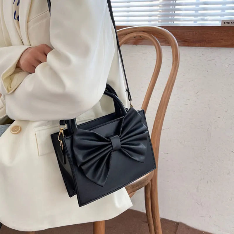 Winter Solid Big Handbag For Women High Pu Leather Bow Single Shoulder Bag