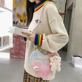 Plush Winter Women Handbag Soft Small Zipper Satchel with Cartoon Pendant