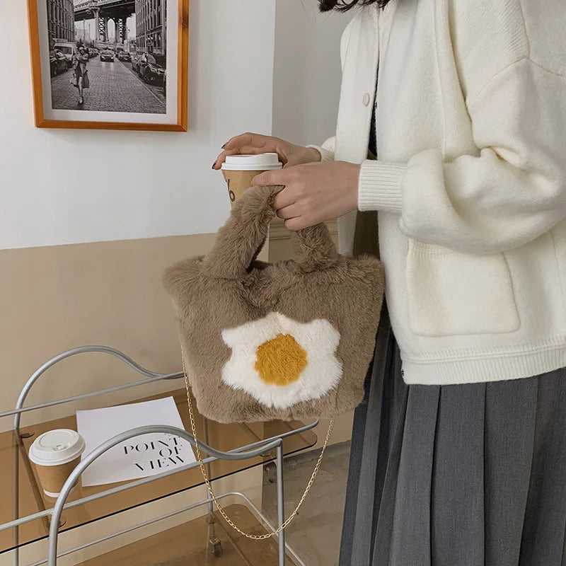 Winter Woolen Faux Fur Flower Plush Tote Bag Large Capacity Handbag