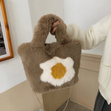 Winter Woolen Faux Fur Flower Plush Tote Bag Large Capacity Handbag
