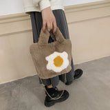 Winter Woolen Faux Fur Flower Plush Tote Bag Large Capacity Handbag