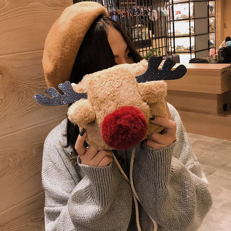 Winter Furry Reindeer Christmas Shoulder Bag Solid Square Bag