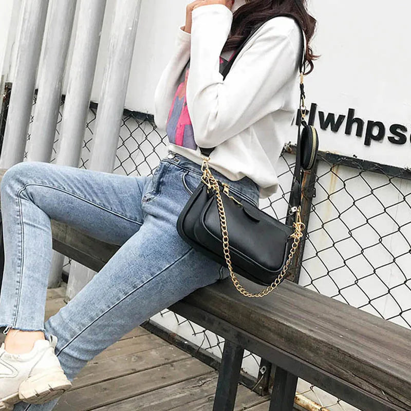 Leather Crossbody Bag Set Wide Straps 3 Pcs