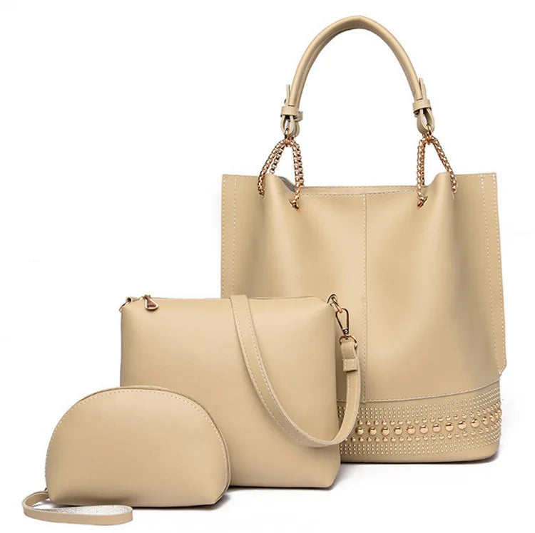 British Style Rivets 3-Piece Leather Handbag Set