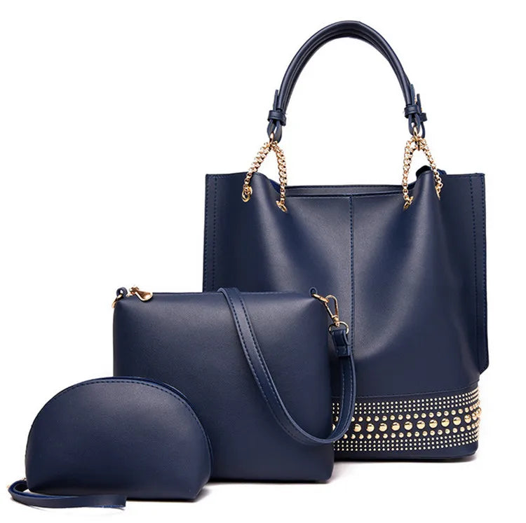 British Style Rivets 3-Piece Leather Handbag Set