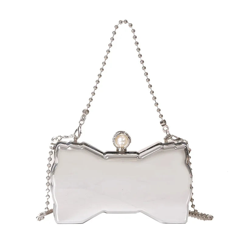 Bow Silver Metal Clutch Purses Women Acrylic Evening Bags Wedding Party