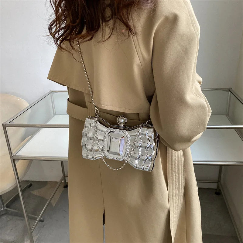 Bow Silver Metal Clutch Purses Women Acrylic Evening Bags Wedding Party