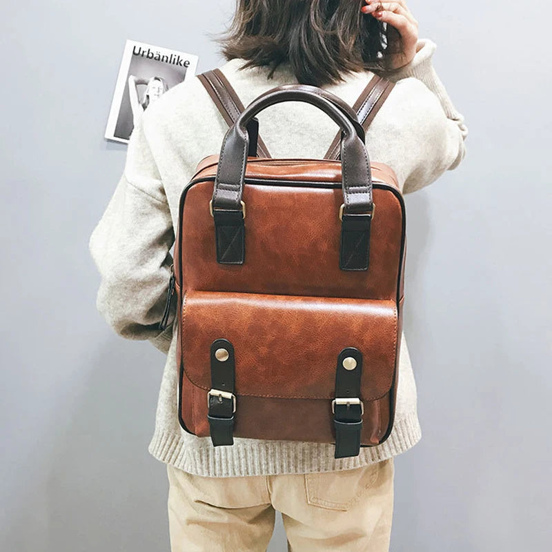 Brown Teenage Girls Anti Theft Backpack Waterproof Vintage Laptop Big Travel Bag
