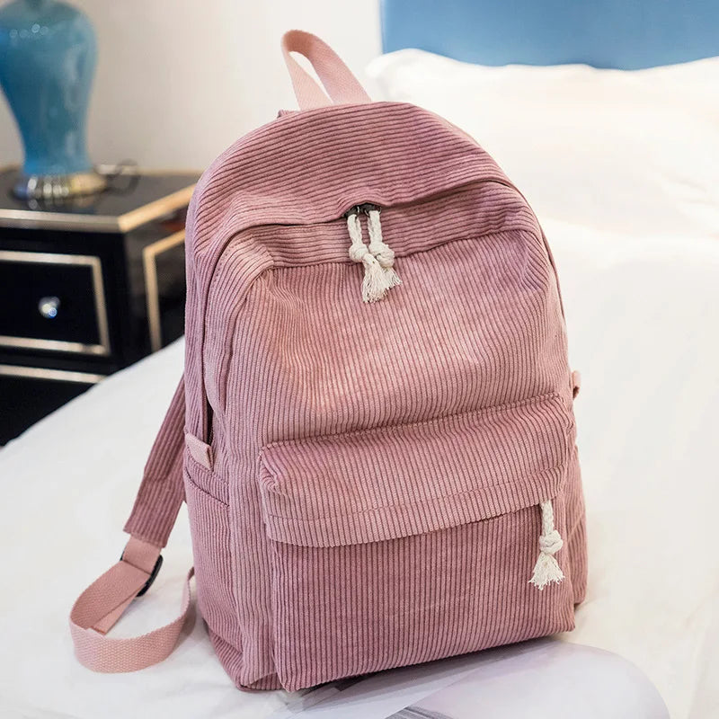 Corduroy School Backpack for Teenage Girls, Striped Rucksack