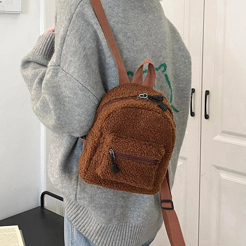 Women Flowers Printing Plush Backpack Preppy Style Small Knapsack