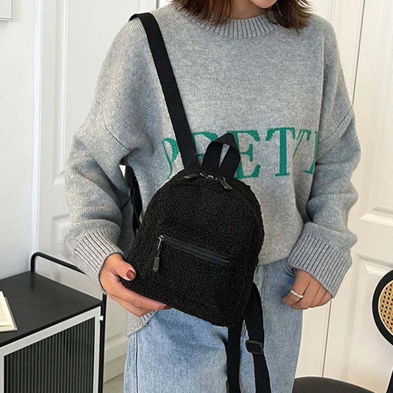 Women Flowers Printing Plush Backpack Preppy Style Small Knapsack