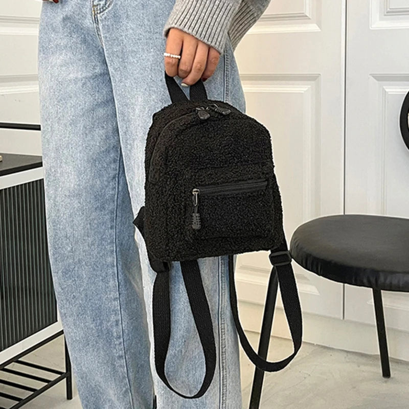 Women Flowers Printing Plush Backpack Preppy Style Small Knapsack