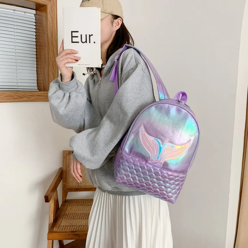 Mermaid Pattern Holographic Backpack Travel PU Leather School Bag