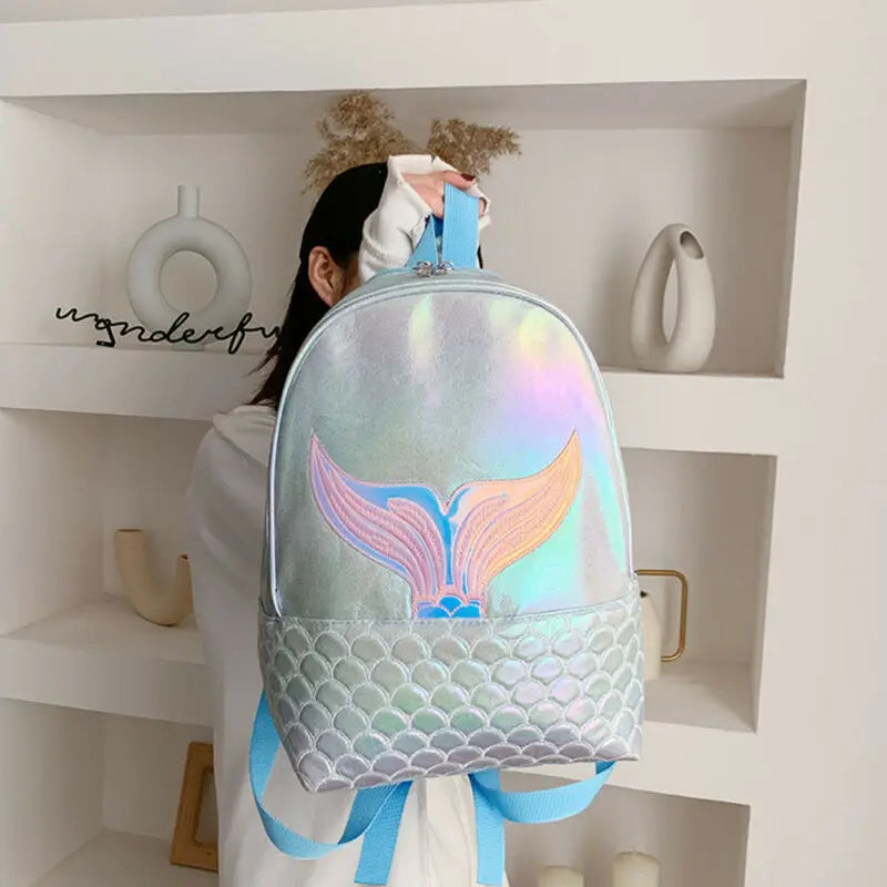 Mermaid Pattern Holographic Backpack Travel PU Leather School Bag