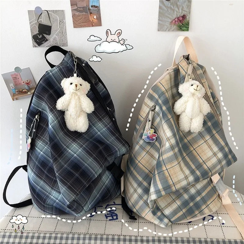 Backpack Preppy Style Plaid Waterproof Leisure Travel Bag